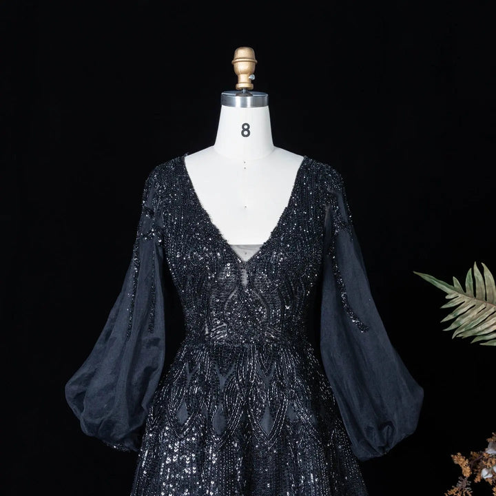 Beaded V Neck Lantern Sleeve A-Line Prom Evening Dress SS057