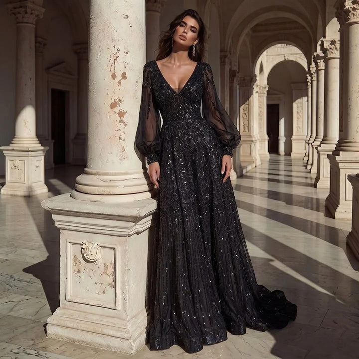 Beaded V Neck Lantern Sleeve A-Line Prom Evening Dress SS057