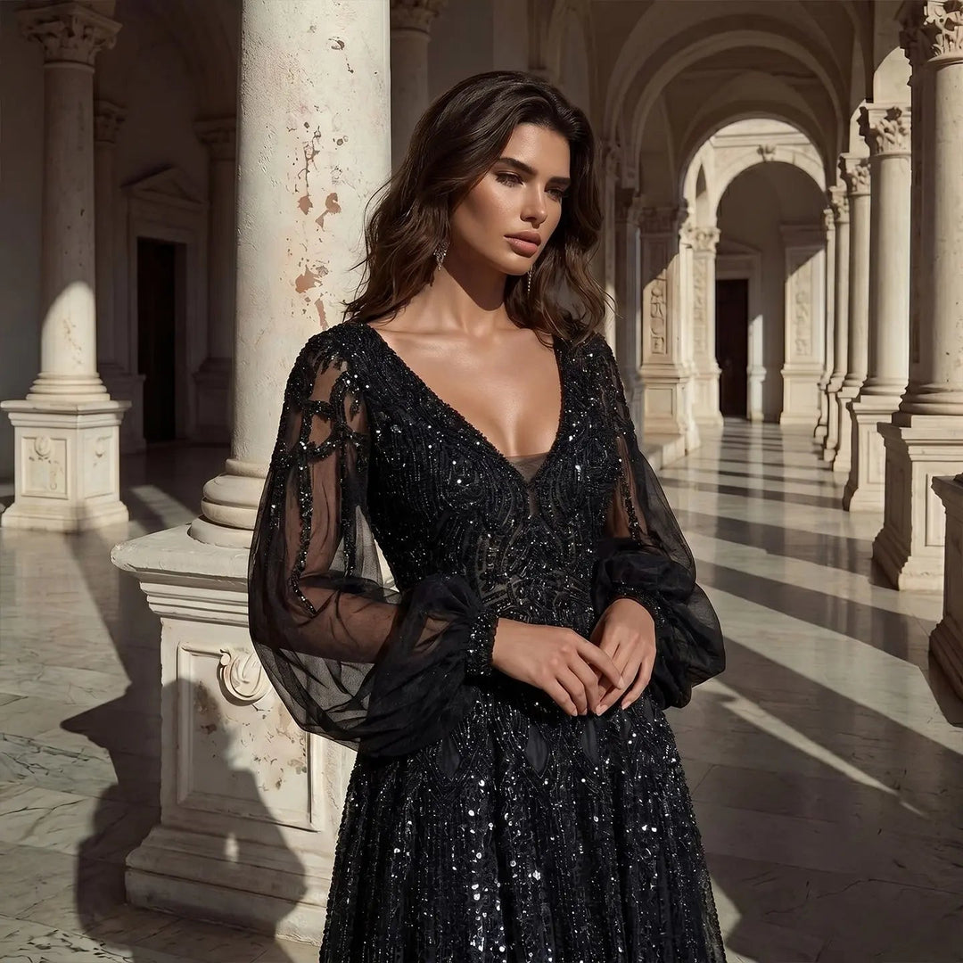 Beaded V Neck Lantern Sleeve A-Line Prom Evening Dress SS057