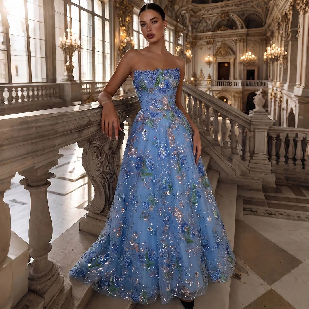 Luxury Pink Floral Glitter Evening Dress with Sparkling Embellishments SS460