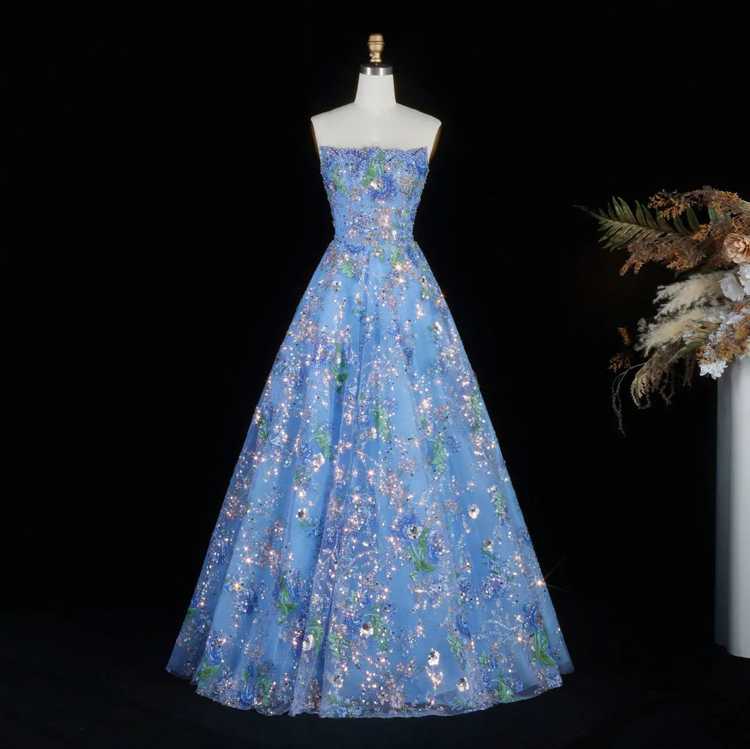 Luxury Pink Floral Glitter Evening Dress with Sparkling Embellishments SS460