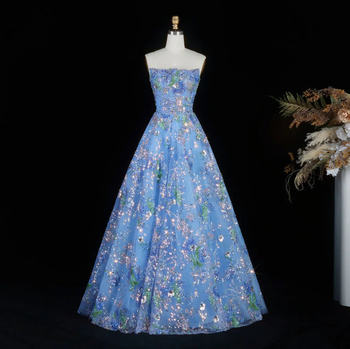 Luxury Pink Floral Glitter Evening Dress with Sparkling Embellishments SS460