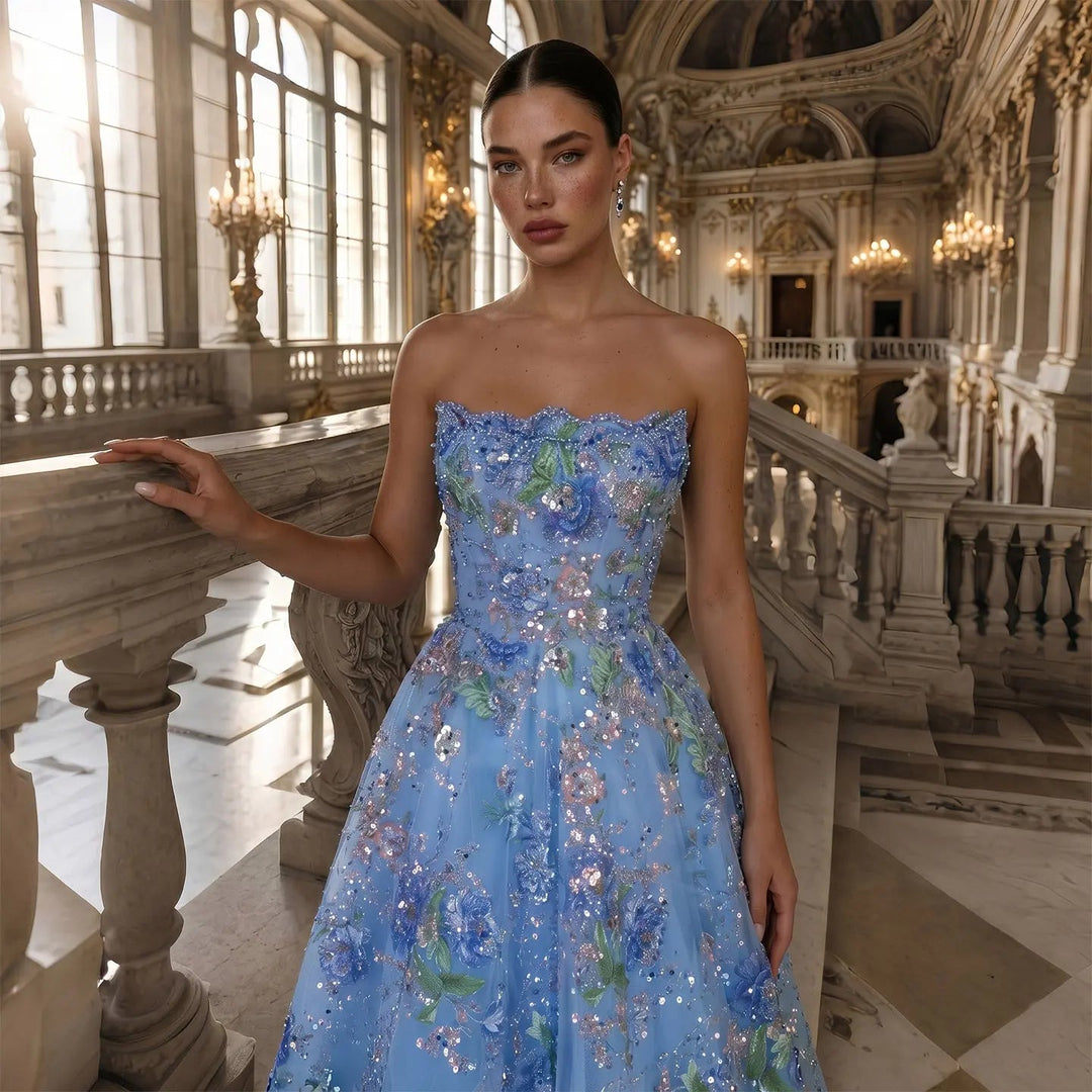 Luxury Pink Floral Glitter Evening Dress with Sparkling Embellishments SS460
