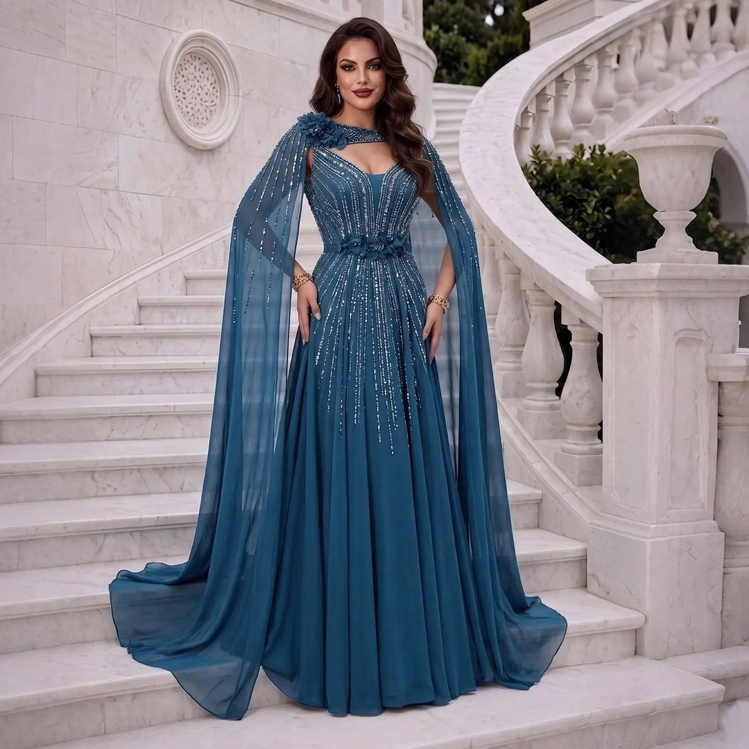 Beaded Cape Sleeve A-Line Prom Evening Dress SS052