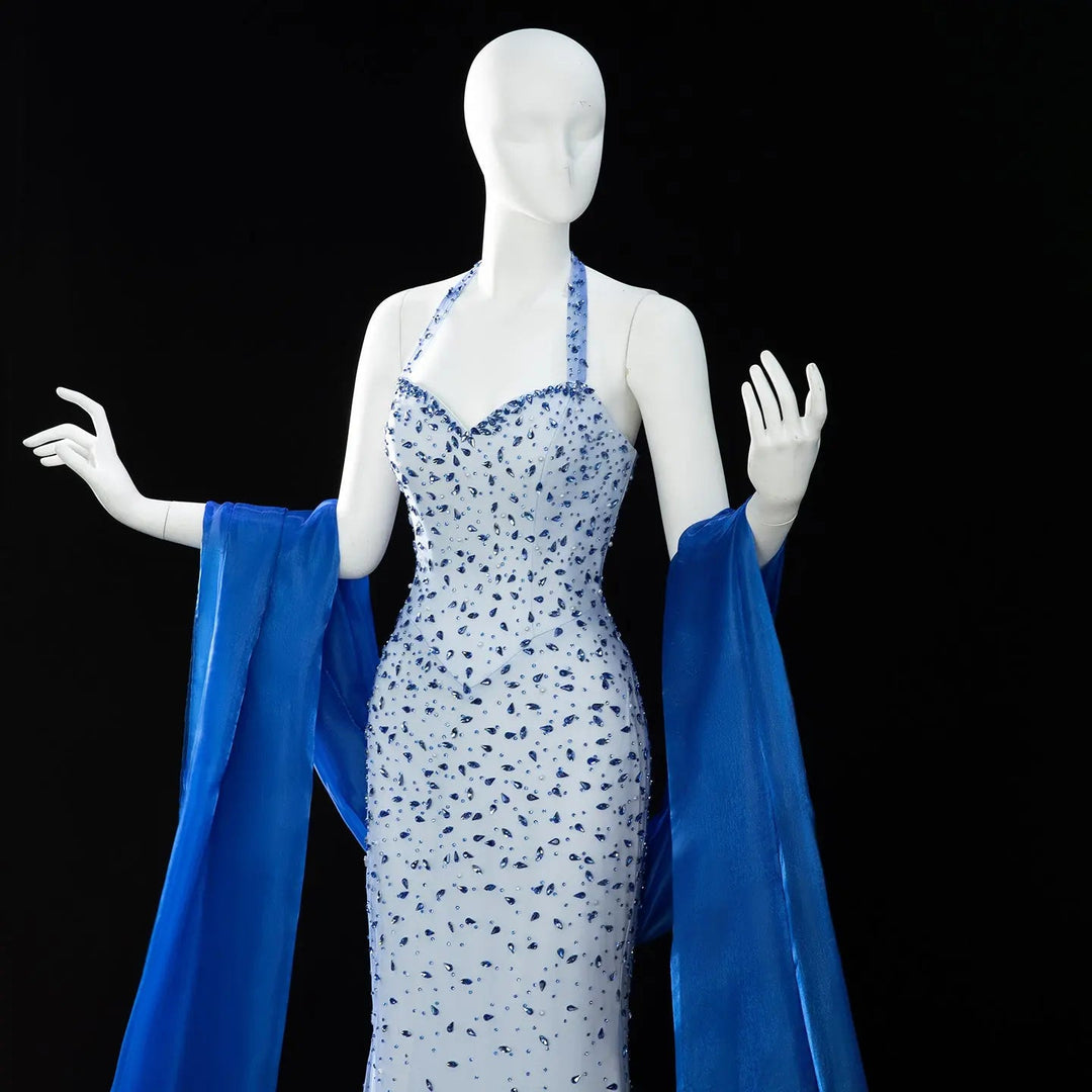 Elegant Blue Beaded Evening Dress with Spaghetti Straps SS715