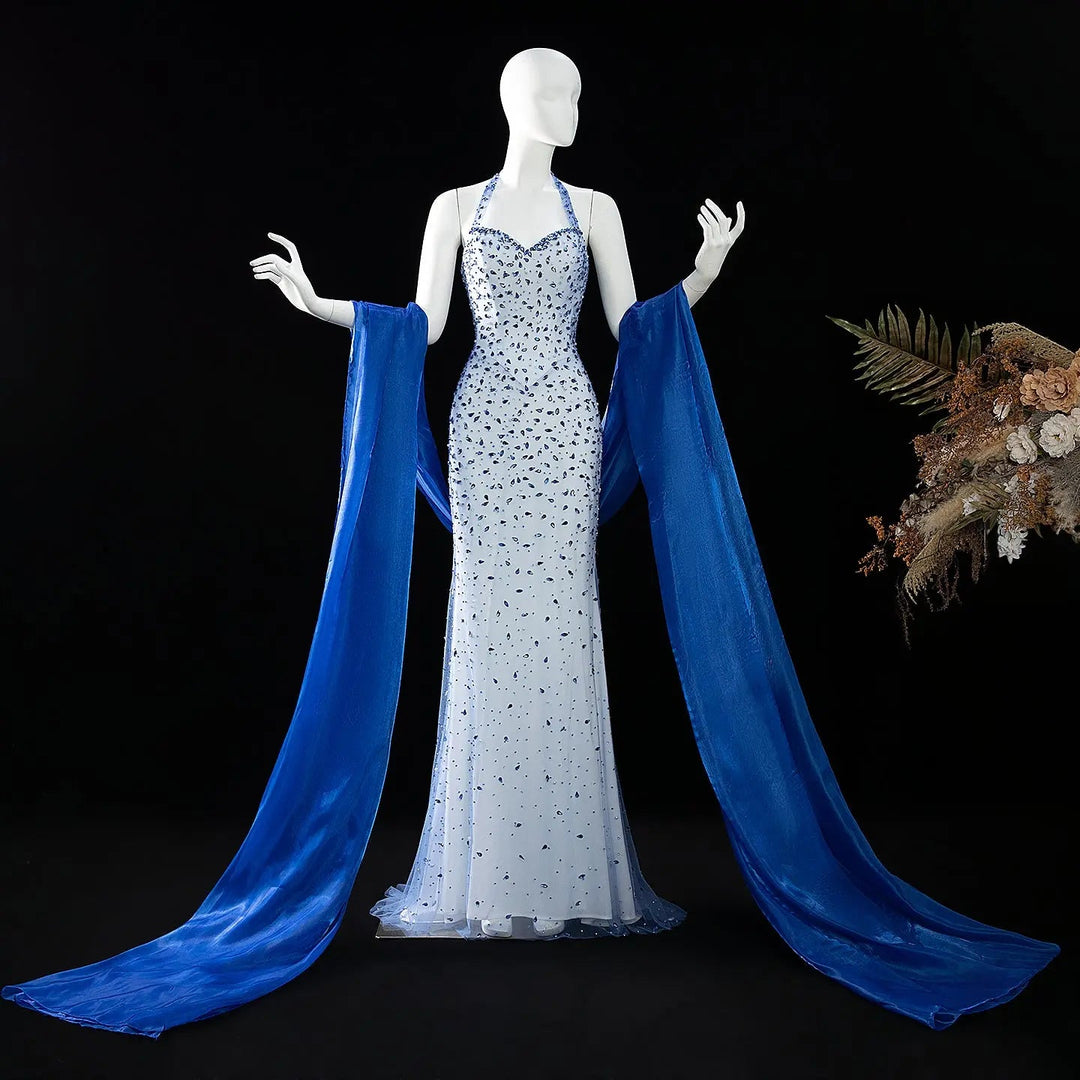 Elegant Blue Beaded Evening Dress with Spaghetti Straps SS715