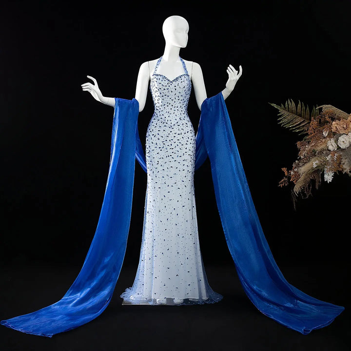 Elegant Blue Beaded Evening Dress with Spaghetti Straps SS715