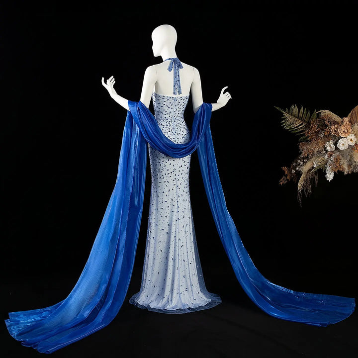 Elegant Blue Beaded Evening Dress with Spaghetti Straps SS715