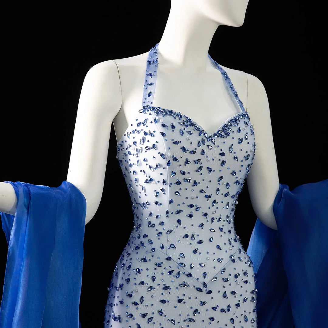 Elegant Blue Beaded Evening Dress with Spaghetti Straps SS715