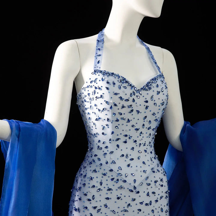 Elegant Blue Beaded Evening Dress with Spaghetti Straps SS715