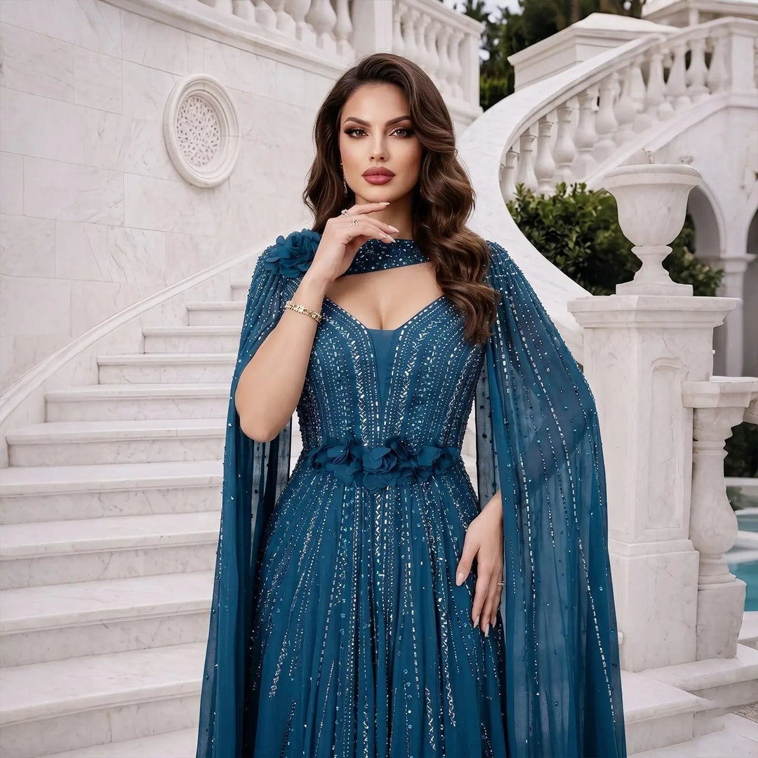 Beaded Cape Sleeve A-Line Prom Evening Dress SS052
