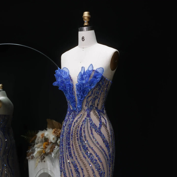 Luxury Blue Evening Dress with embellishments and slit SS133