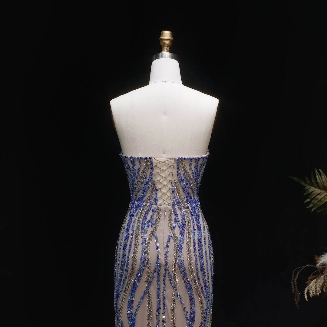 Luxury Blue Evening Dress with embellishments and slit SS133