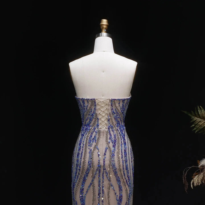 Luxury Blue Evening Dress with embellishments and slit SS133