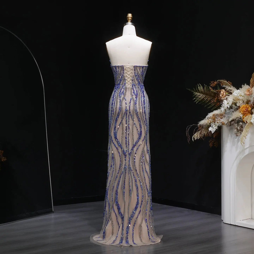 Luxury Blue Evening Dress with embellishments and slit SS133