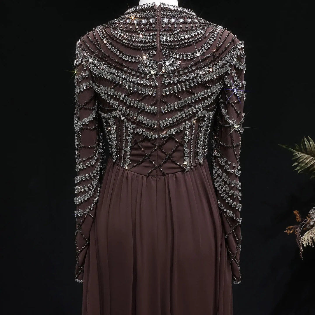Luxury Brown Evening Gown with High Neckline Draped Skirt SS402