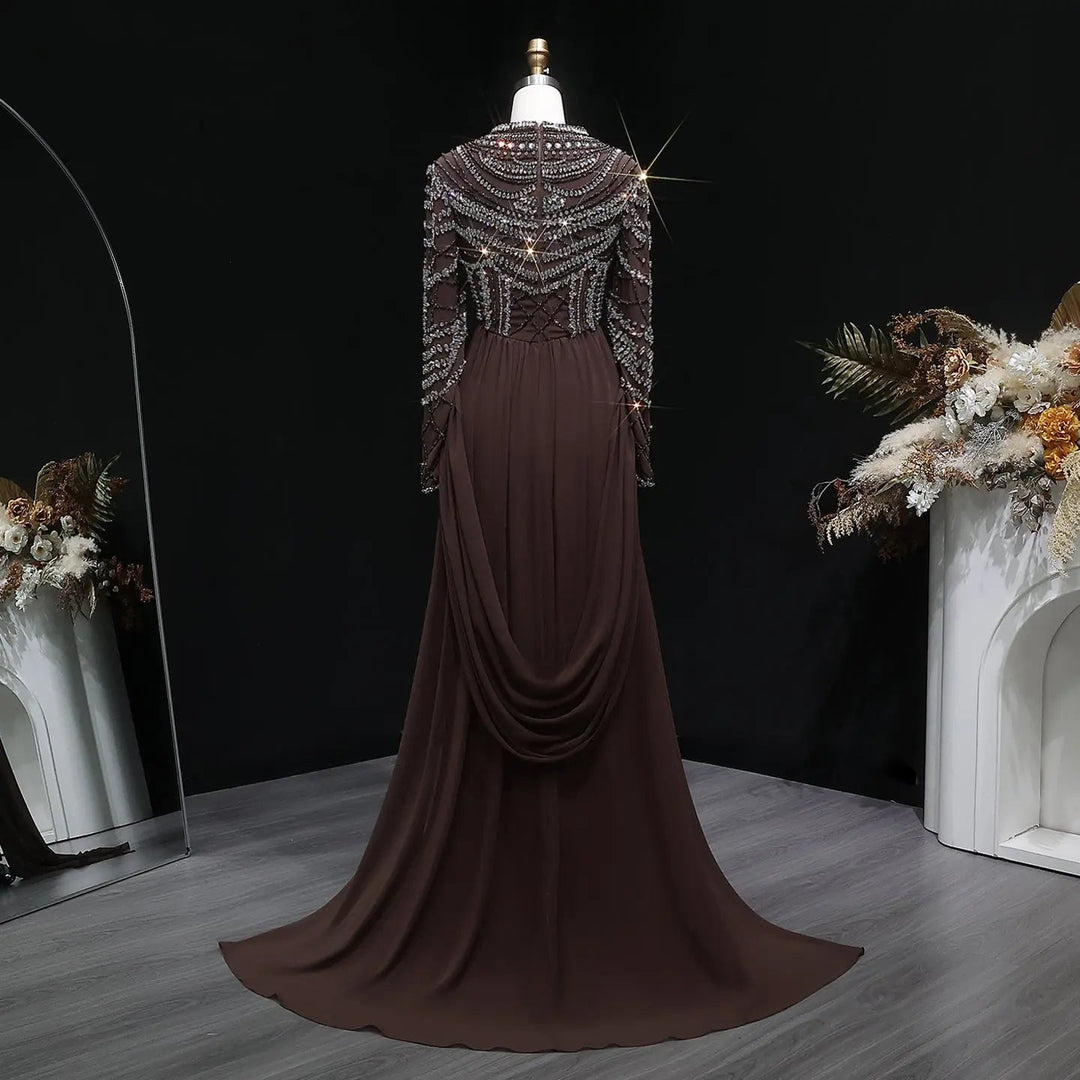 Luxury Brown Evening Gown with High Neckline Draped Skirt SS402