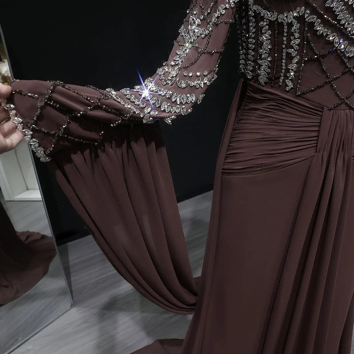 Luxury Brown Evening Gown with High Neckline Draped Skirt SS402