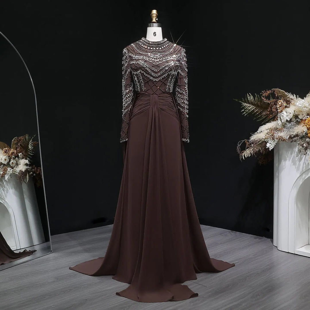 Luxury Brown Evening Gown with High Neckline Draped Skirt SS402