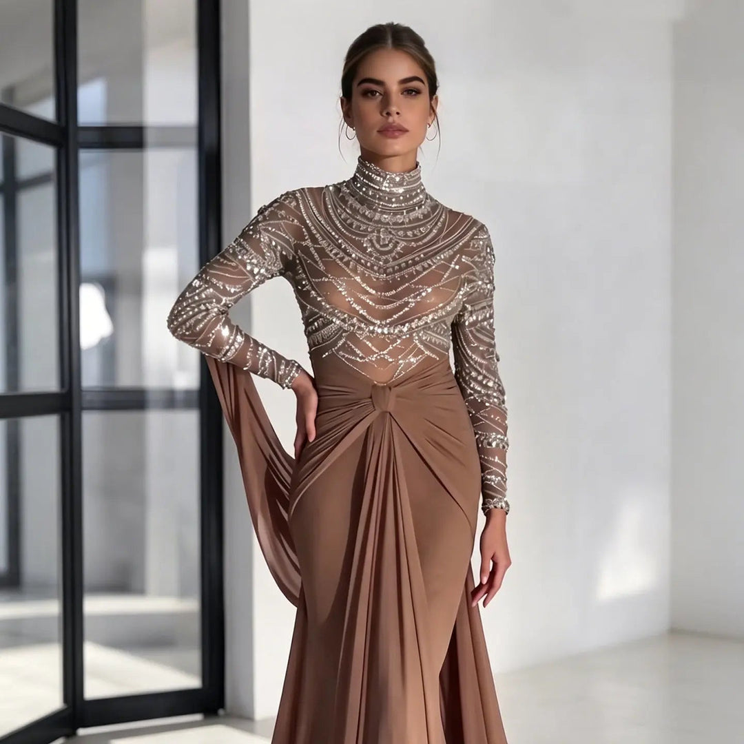 Luxury Brown Evening Gown with High Neckline Draped Skirt SS402