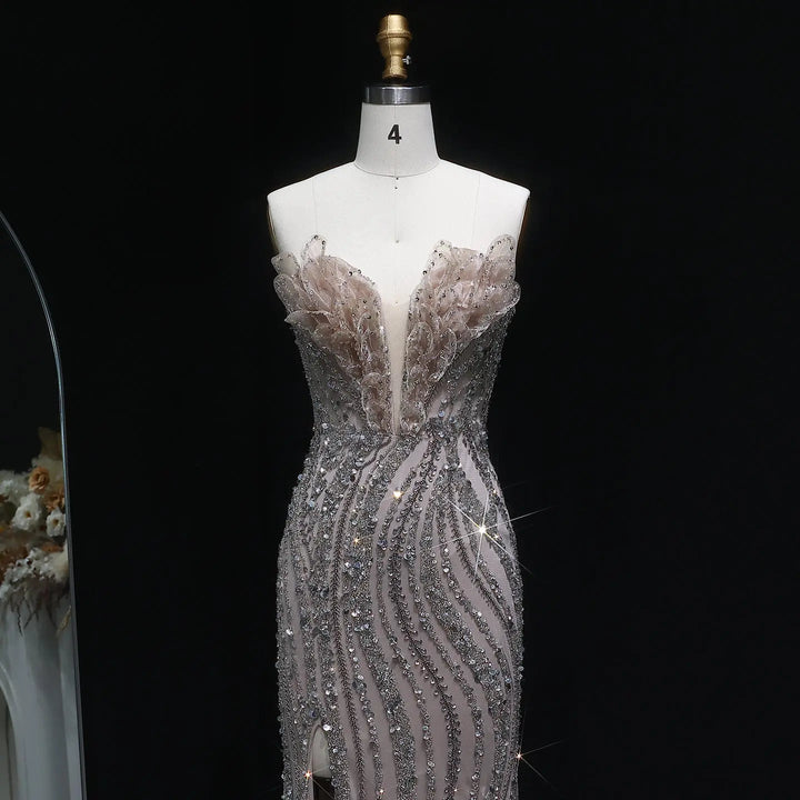 Luxury Blue Evening Dress with embellishments and slit SS133