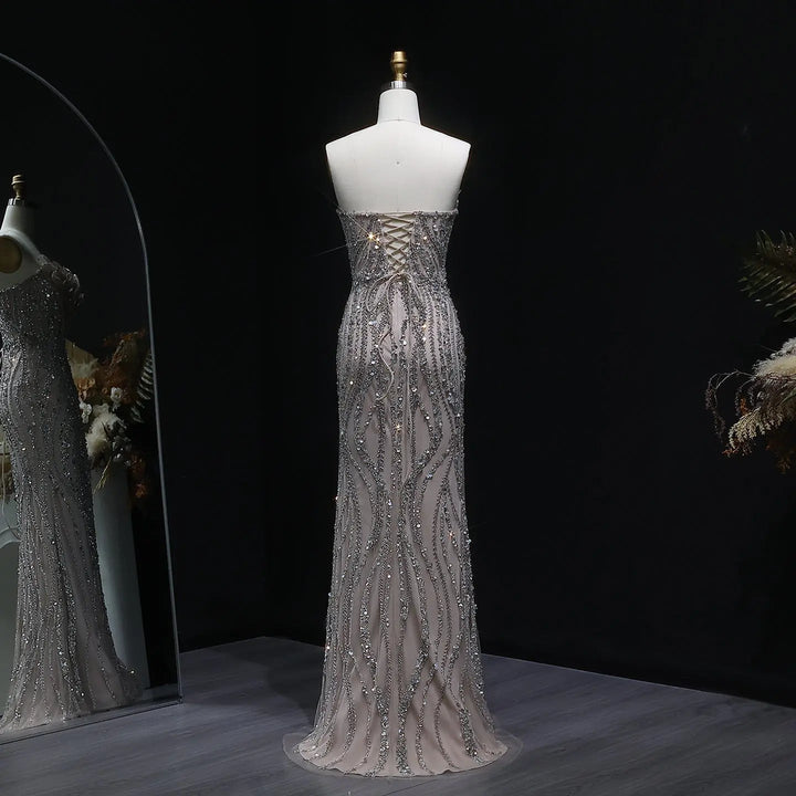 Luxury Blue Evening Dress with embellishments and slit SS133