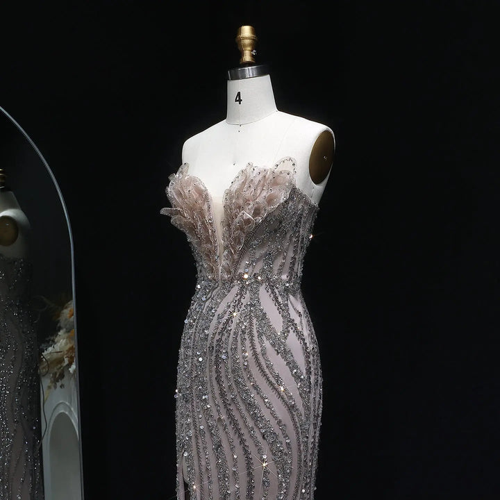 Luxury Blue Evening Dress with embellishments and slit SS133