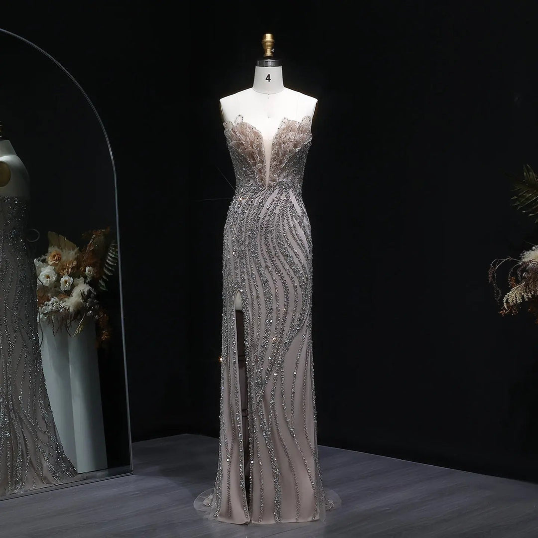 Luxury Blue Evening Dress with embellishments and slit SS133