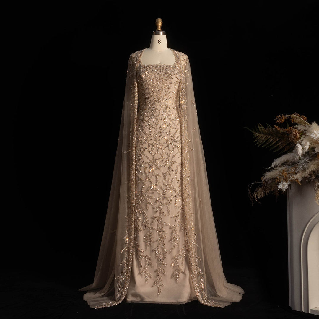 Luxury Beaded Evening Dress with Sheer Cape in Pink White SS393