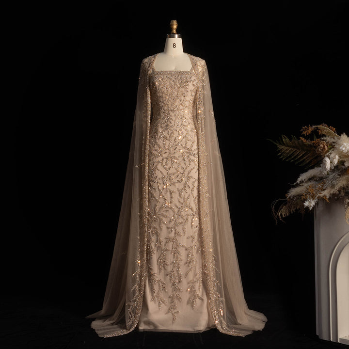 Luxury Beaded Evening Dress with Sheer Cape in Pink White SS393