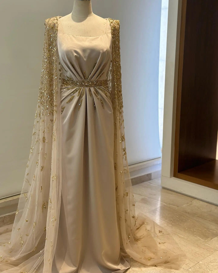 Luxury Champagne Cape Sleeve Evening Dress with Crystal Beading SS213