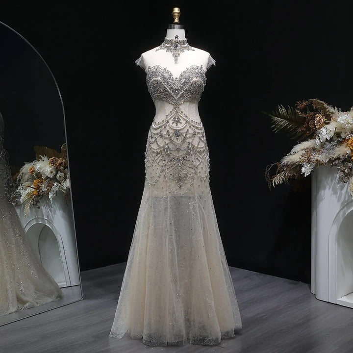 Luxury Silver Beaded High-Neck Mermaid  Evening Gown with Sheer Overlay SS380