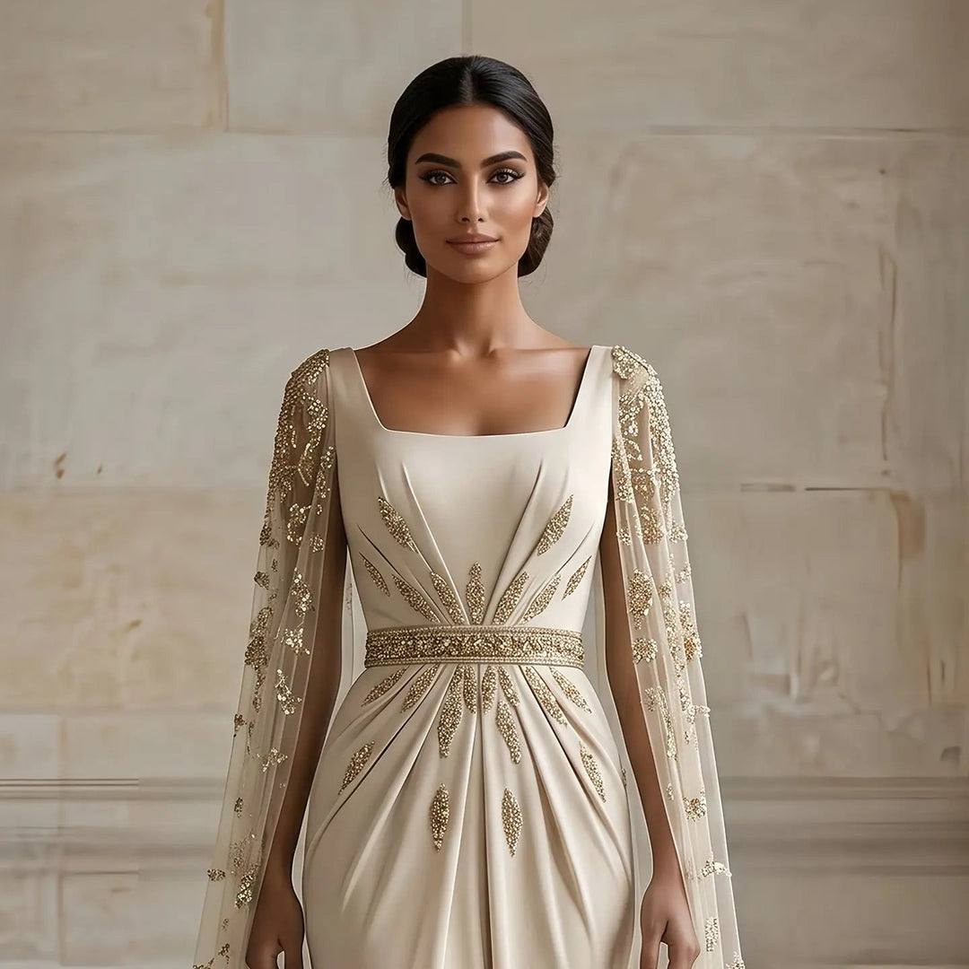Luxury Champagne Cape Sleeve Evening Dress with Crystal Beading SS213