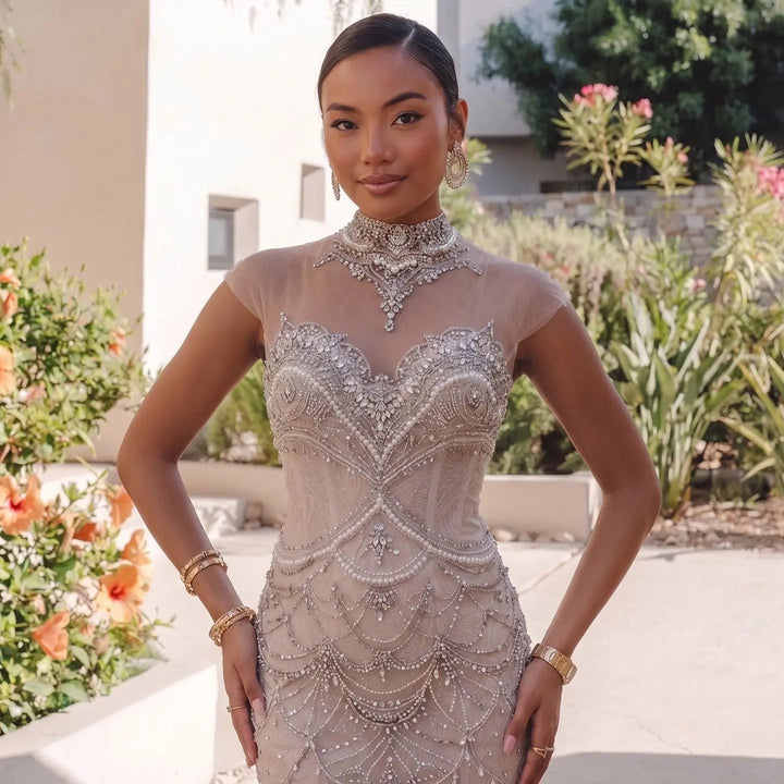 Luxury Silver Beaded High-Neck Mermaid  Evening Gown with Sheer Overlay SS380