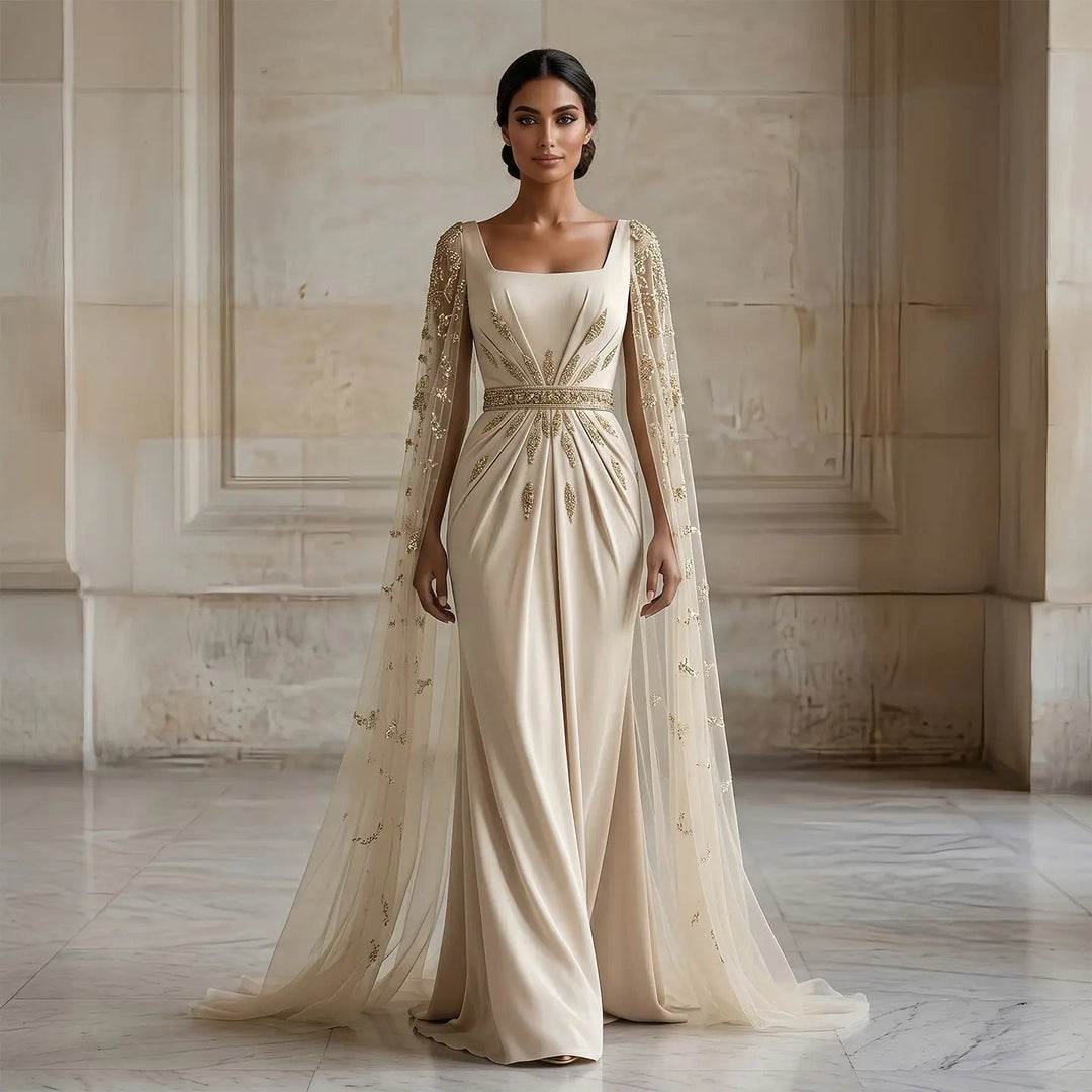 Luxury Champagne Cape Sleeve Evening Dress with Crystal Beading SS213