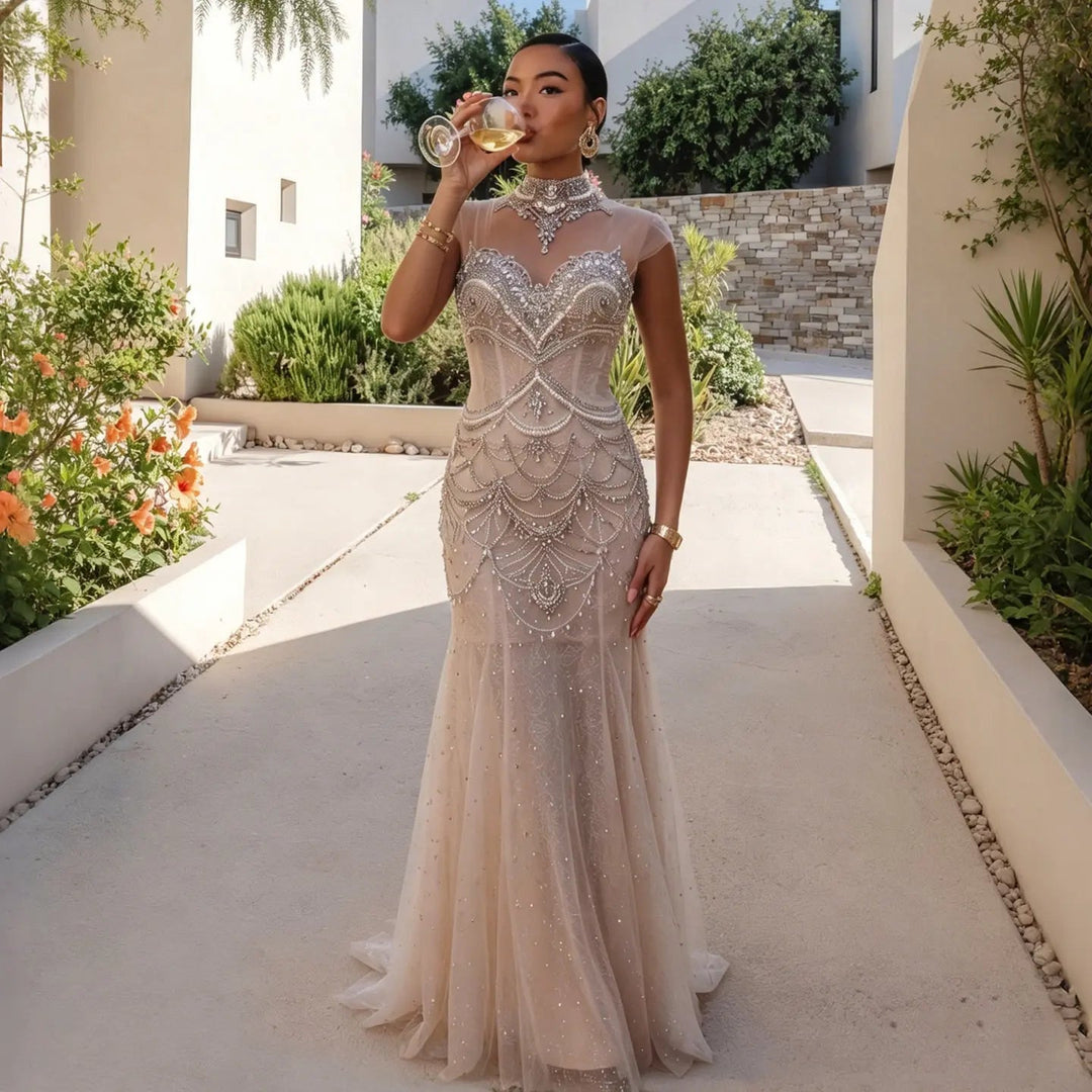 Luxury Silver Beaded High-Neck Mermaid  Evening Gown with Sheer Overlay SS380