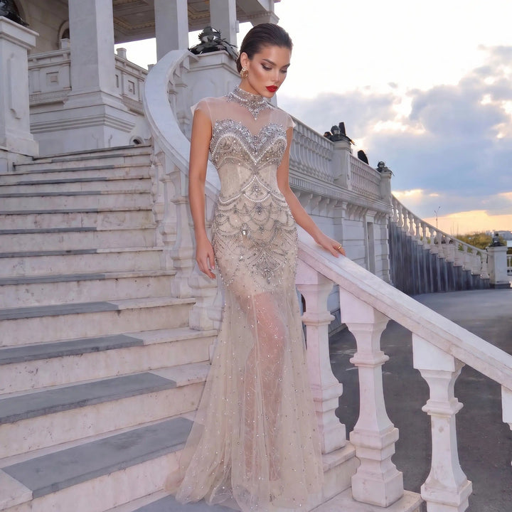 Luxury Silver Beaded High-Neck Mermaid  Evening Gown with Sheer Overlay SS380