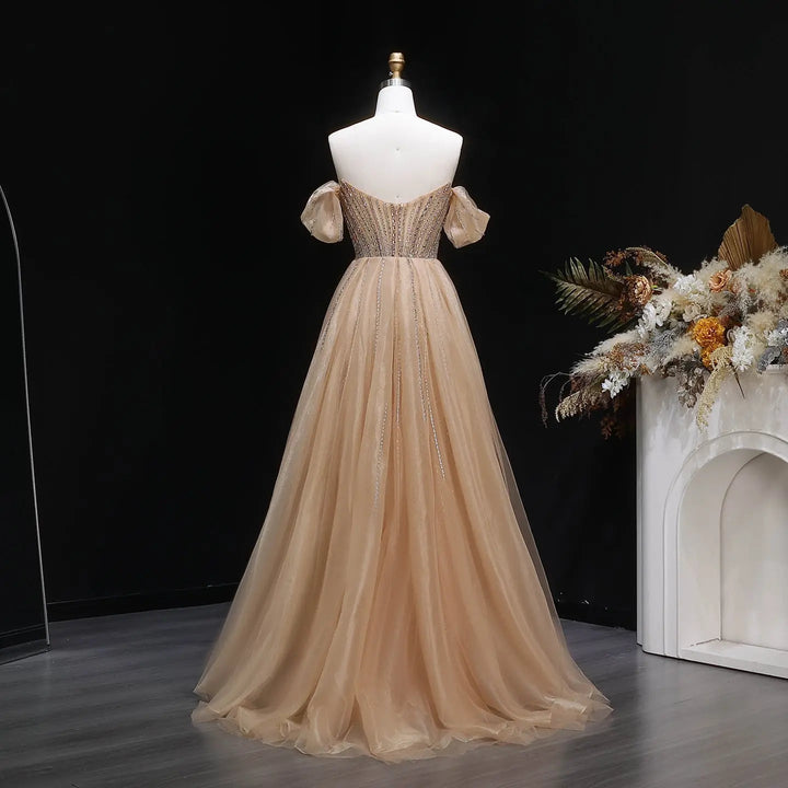 Luxury Pink Crystal Off-Shoulder Evening Dress With Overskirt SS120