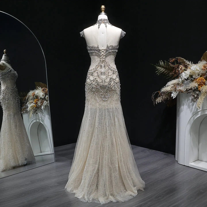 Luxury Silver Beaded High-Neck Mermaid  Evening Gown with Sheer Overlay SS380