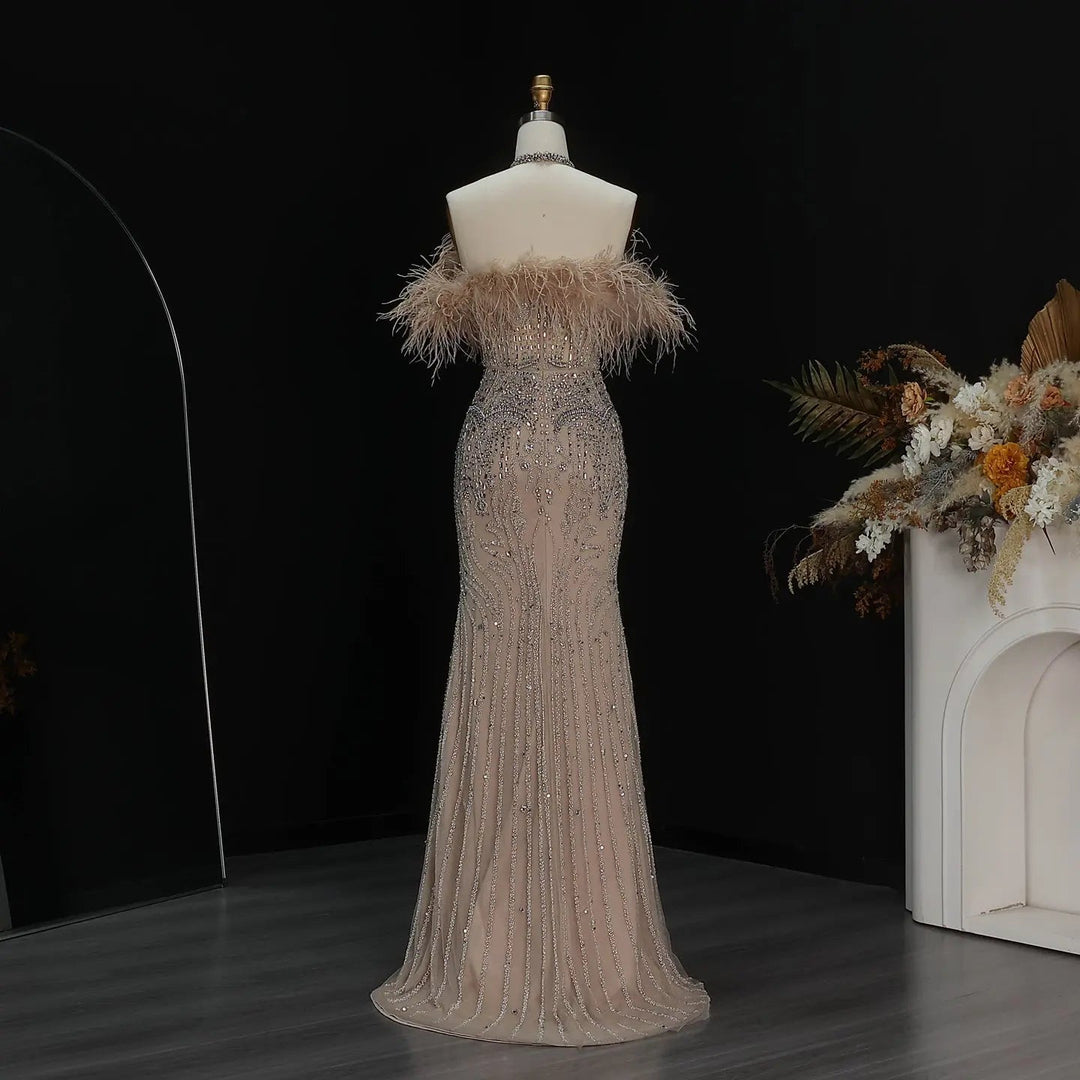 Romantic Feathered Evening Gown with Beaded Bodice Halter Neckline SS124