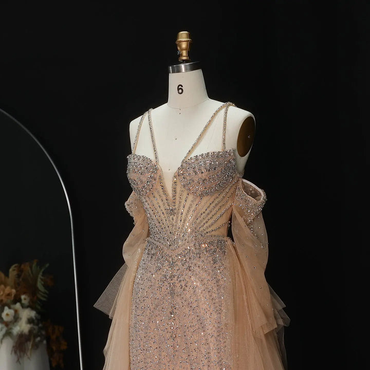 Elegant Off-Shoulder Evening Gown with Beaded Bodice Layered Tulle Train SS123