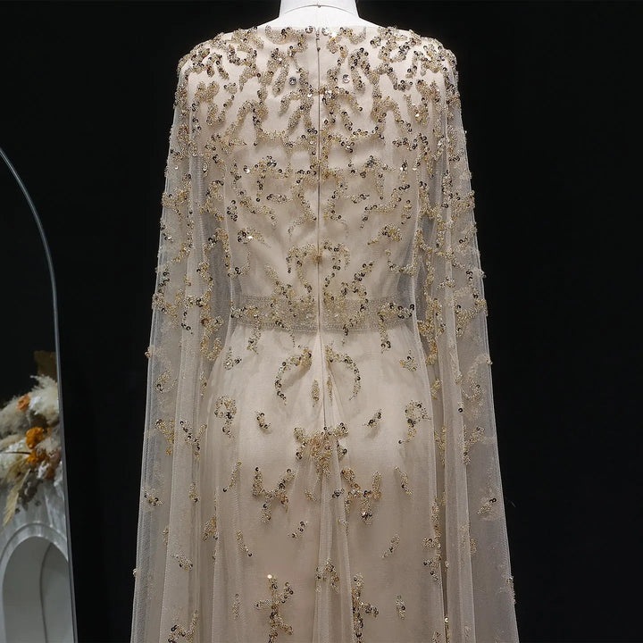 Luxury Champagne Cape Sleeve Evening Dress with Crystal Beading SS213