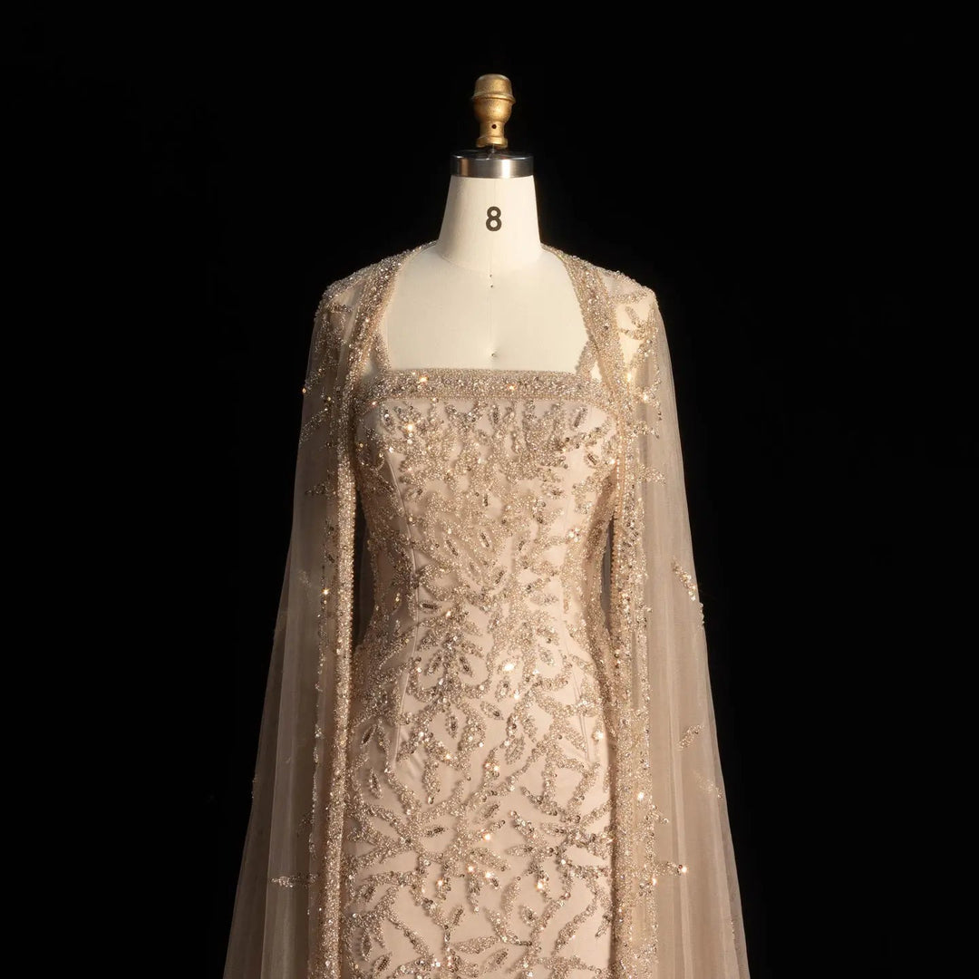 Luxury Beaded Evening Dress with Sheer Cape in Pink White SS393
