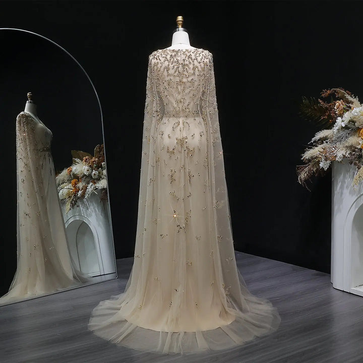 Luxury Champagne Cape Sleeve Evening Dress with Crystal Beading SS213