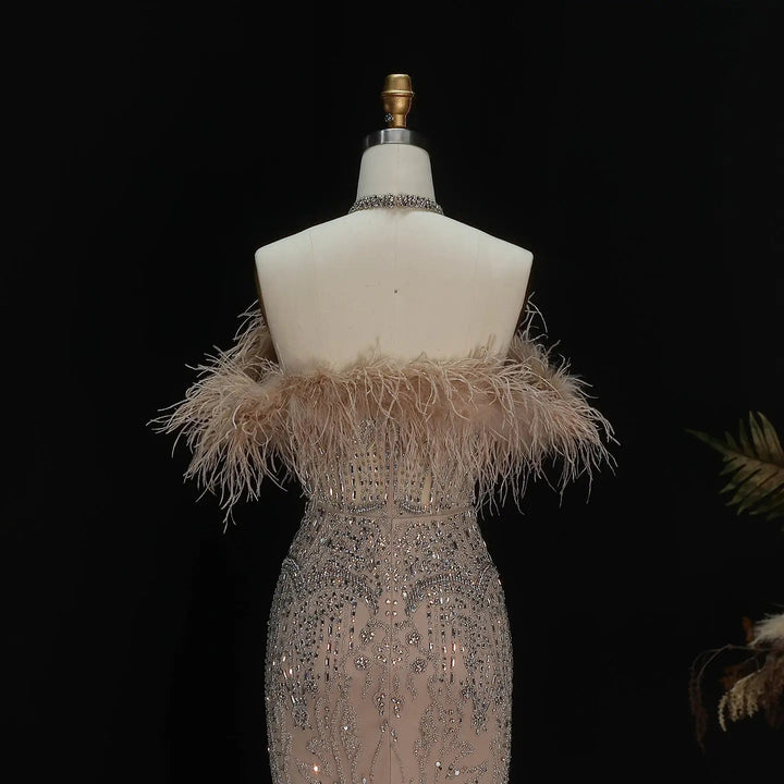 Romantic Feathered Evening Gown with Beaded Bodice Halter Neckline SS124