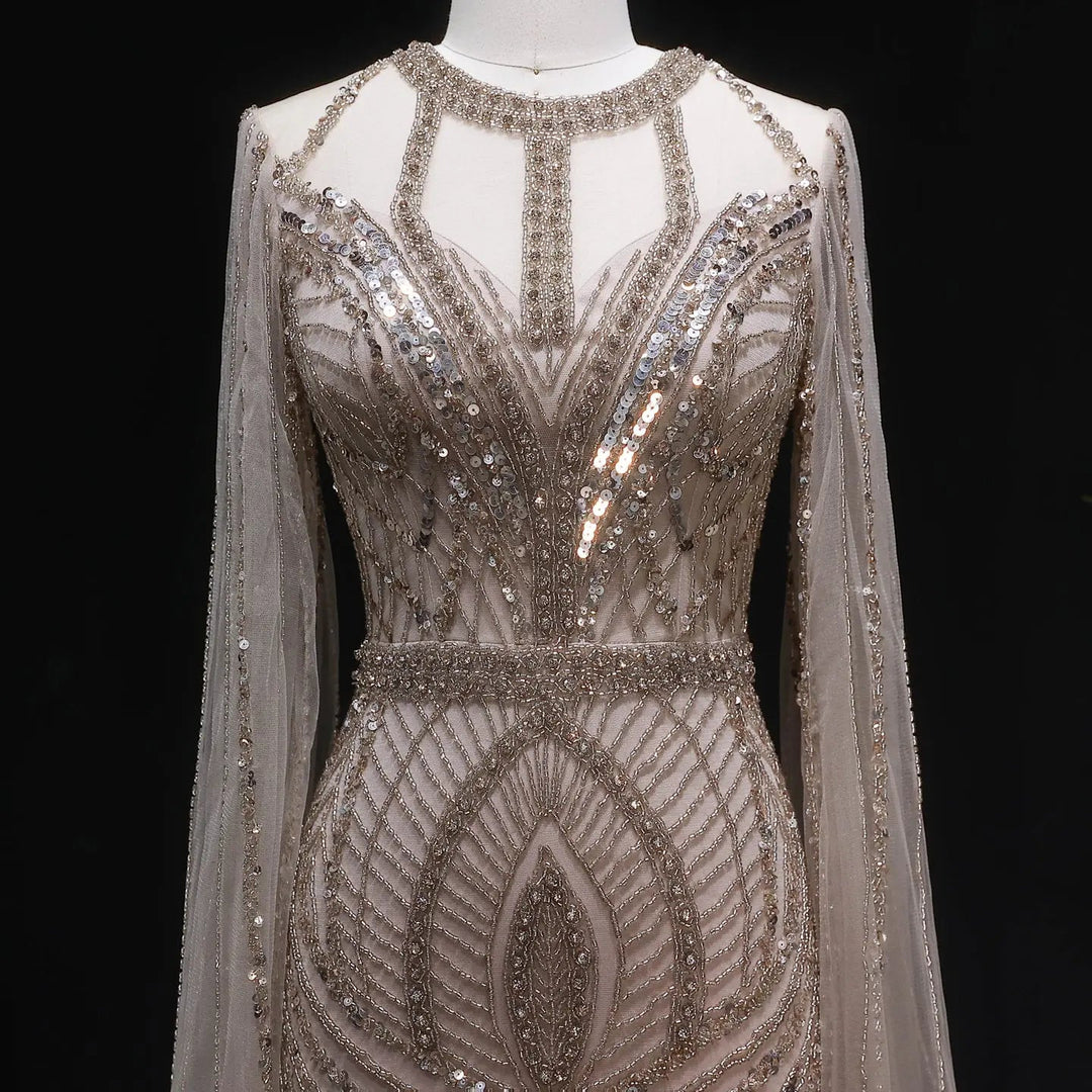 Elegant Pink Evening Gown Beads with sheer cape sleeves SS126
