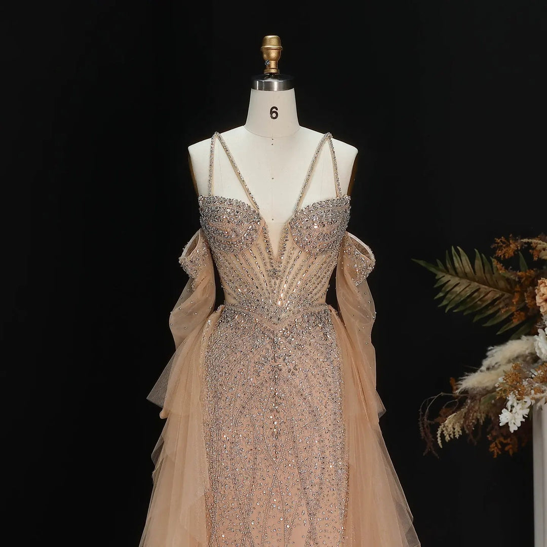 Elegant Off-Shoulder Evening Gown with Beaded Bodice Layered Tulle Train SS123