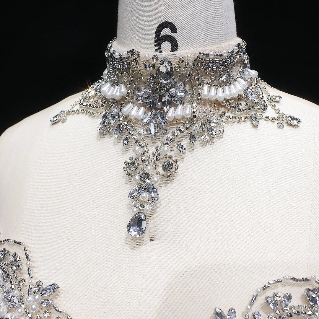 Luxury Silver Beaded High-Neck Mermaid  Evening Gown with Sheer Overlay SS380