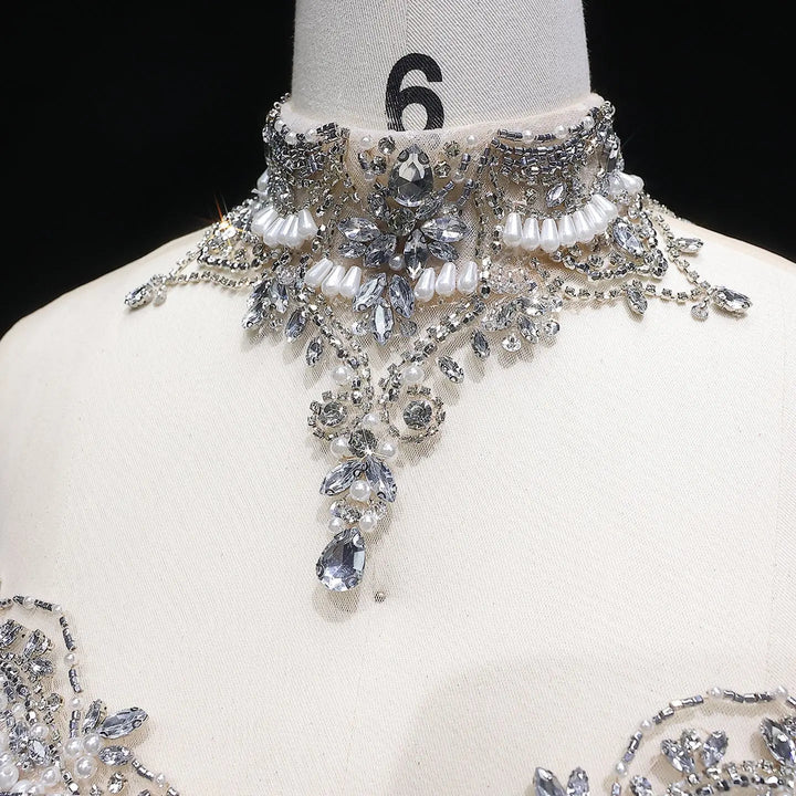 Luxury Silver Beaded High-Neck Mermaid  Evening Gown with Sheer Overlay SS380