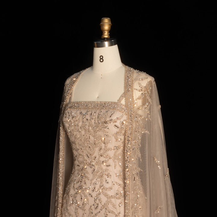 Luxury Beaded Evening Dress with Sheer Cape in Pink White SS393